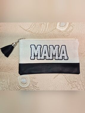 🎁🆓️ MAMA Canvas Cosmetic Pencil Storage Bag Black Faux Leather Trim Tassel
